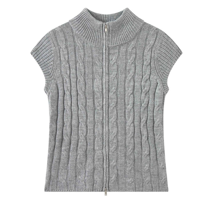 Women Short Cable Knit Zip Vest with Stand-Up Collar and Layering Silhouette Amarae