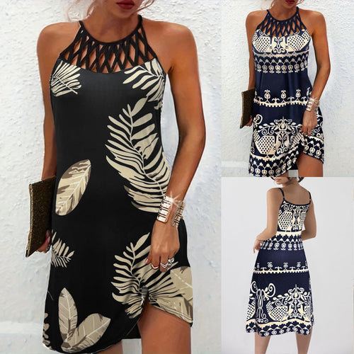 Summer beach dress for women with a creative crochet neckline and a chic and stylish graphic pattern.