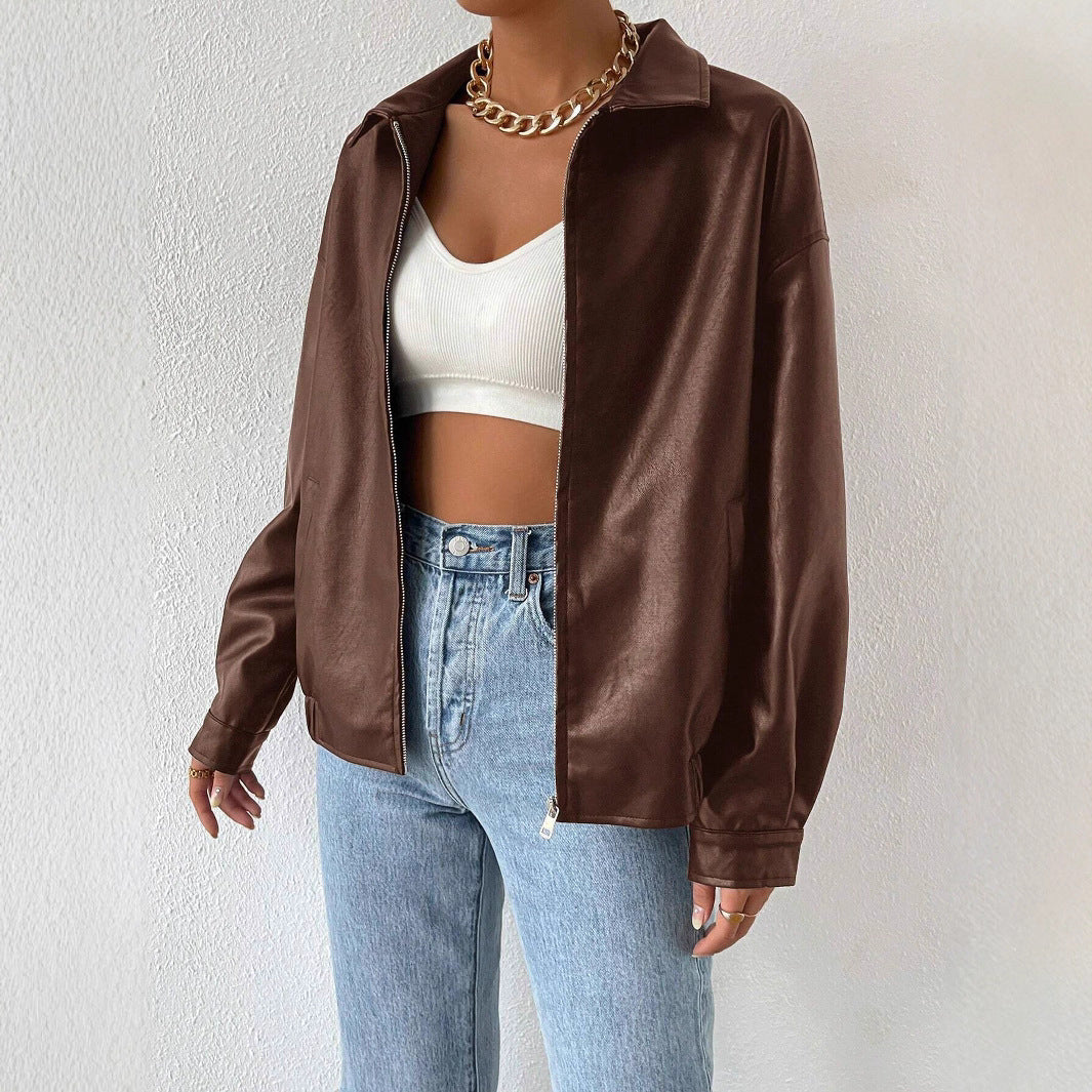 Trendy faux leather jacket for women with modern design featuring a casual zipper Lune London