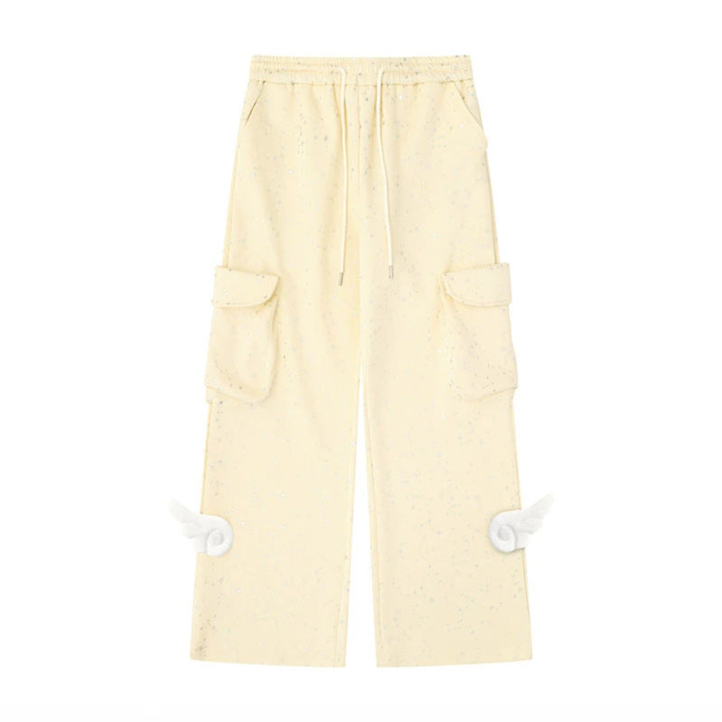 Women's Extra Wide Cargo Palazzo Sweatpants with Drawstring Waistband and Decorative Wing Appliqués Amarae