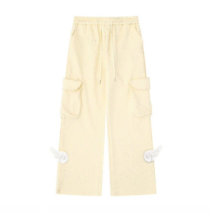 Women's Extra Wide Cargo Palazzo Sweatpants with Drawstring Waistband and Decorative Wing Appliqués Amarae