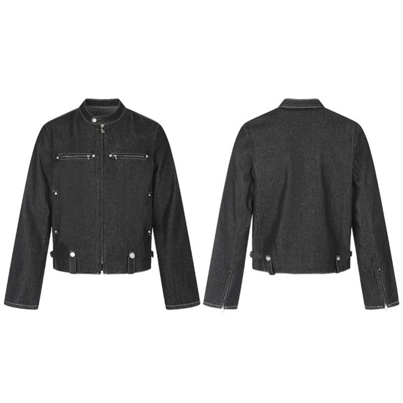 Women's short denim biker jacket with stand-up collar, zipper and snap button details Amarae