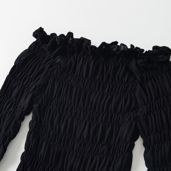 Ladies Off-Shoulder Smock Top with Long Sleeves and Ruffle Hem Amarae