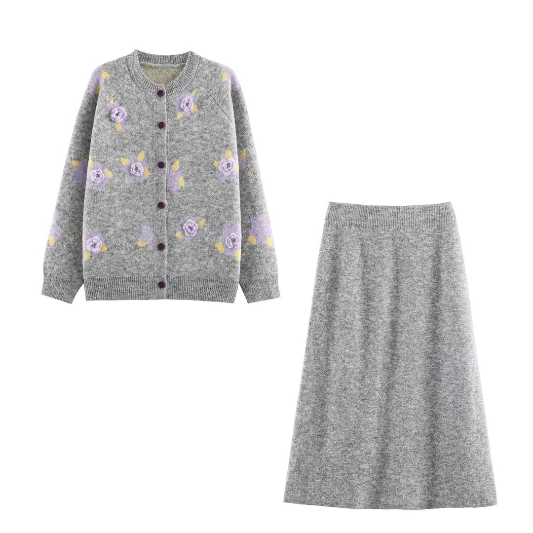 Women's Fine Knit Two-Piece Cardigan with Floral Jacquard and Tailored A-Line Knit Skirt Amarae