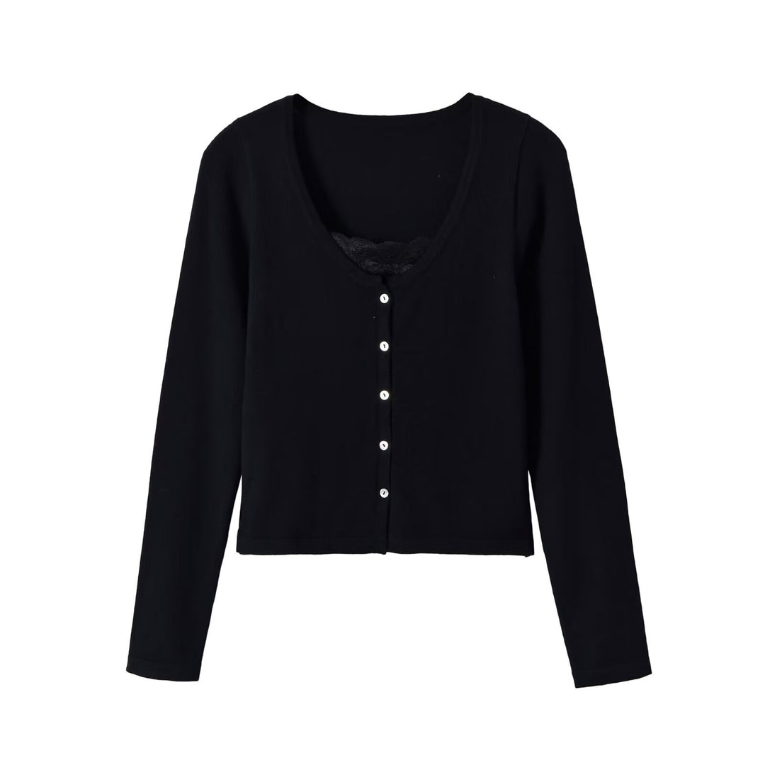 Women's fine-knit cardigan with lace insert and continuous button placket Amarae