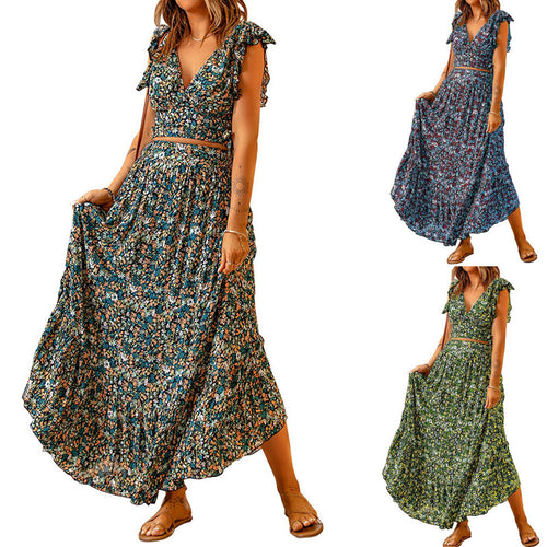 Maxi dress for women with floral design and flared sleeves Amarae