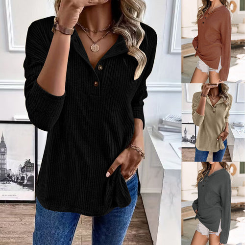 Amarae women's ribbed leisure sweater with button placket and 3/4 sleeves