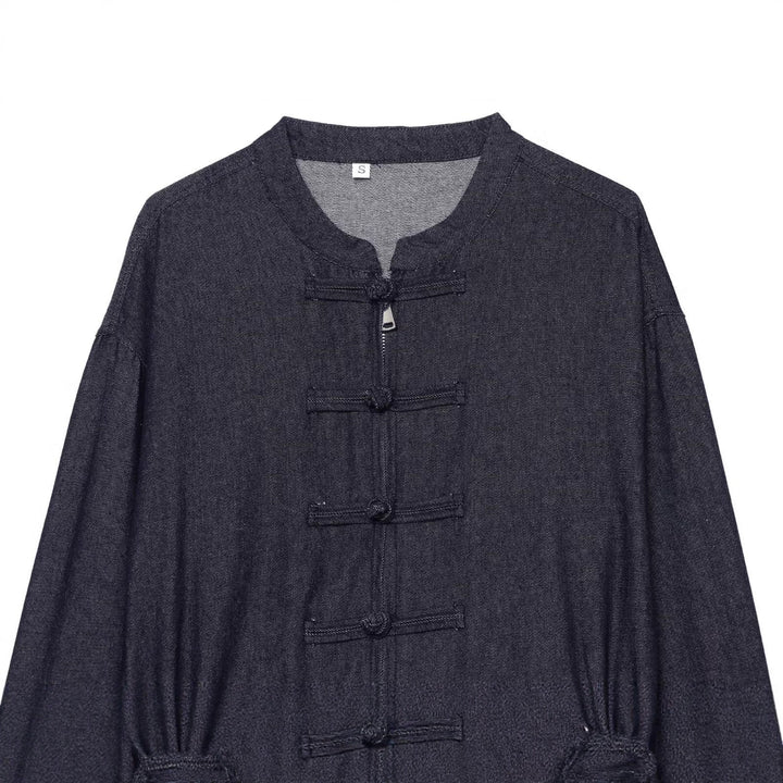 Women's Cropped Jeans Jacket in China Style with Mandarin Collars and Knot Closures Amarae