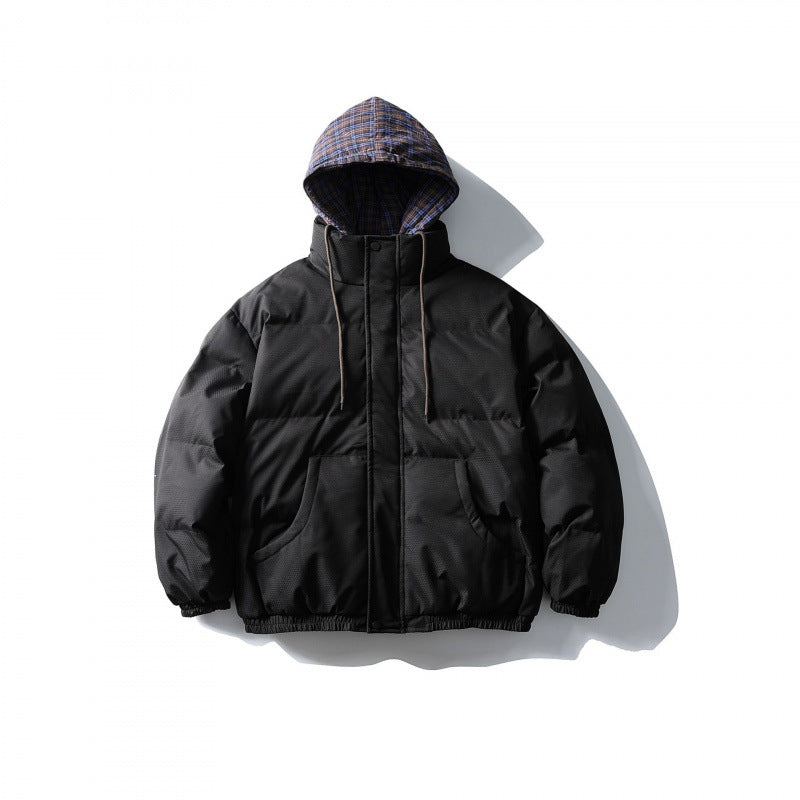 Unisex Padded Puffer Jacket in Boxy Cut with Checkered Insert Hood and High Stand-Up Collar Amarae