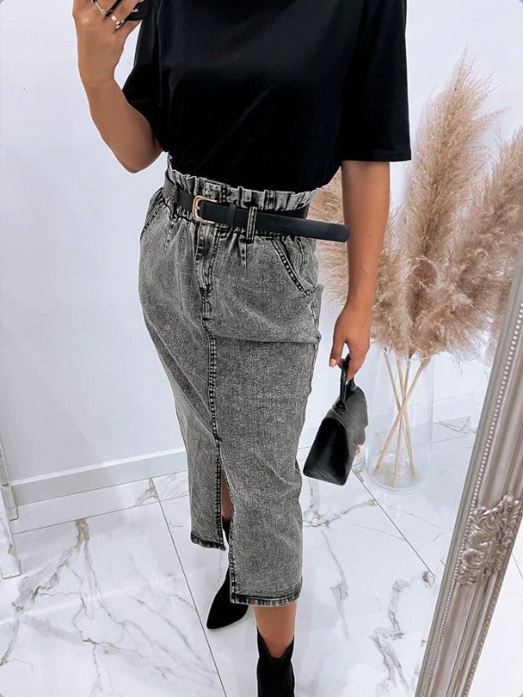 Women's High-Waisted Paperbag Denim Midi Skirt with Front Slit and Tied Belt Amarae