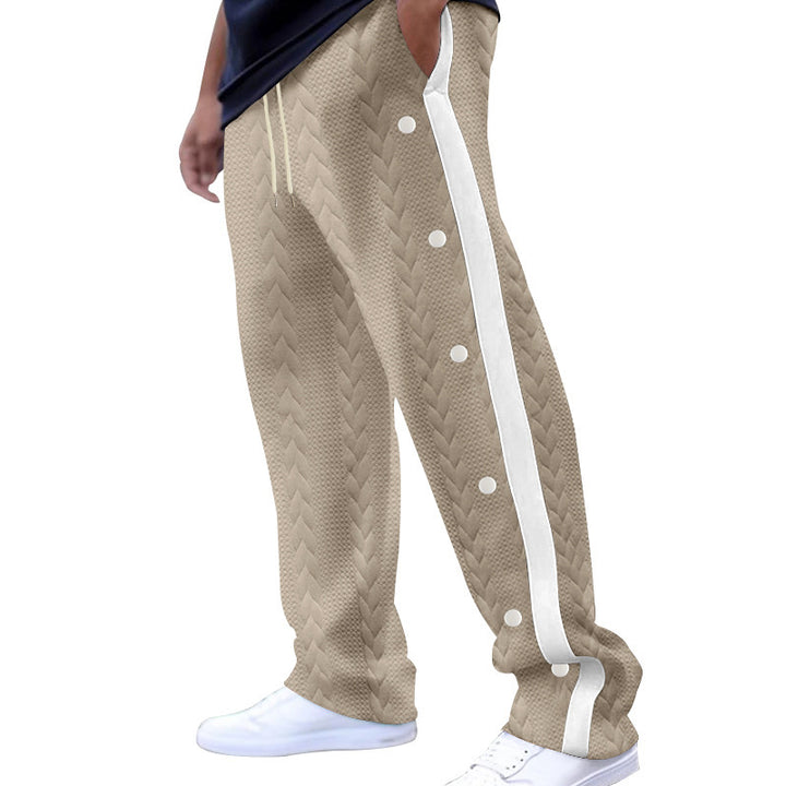Casual cargo pants for men with side snap buttons and modern textile textures Lune London