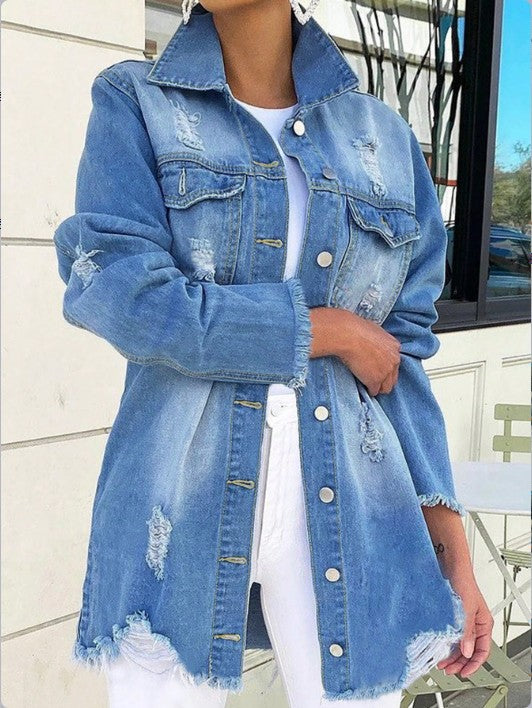 Women's Oversized Denim Jacket with Destroyed Details, Fringed Hem and Concealed Button Placket Amarae