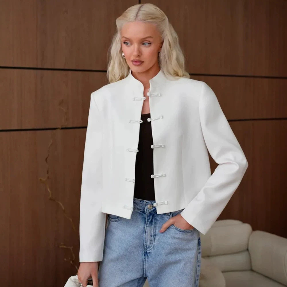 Women's Short Blazer with Mandarin Collar and Decorative Knot Closures Amarae