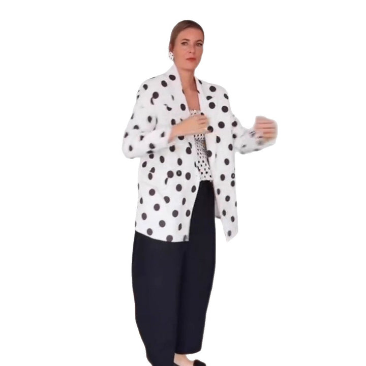 Women Polka Dot Long Blazer with Structured Shoulder and Oversized Cut Amarae