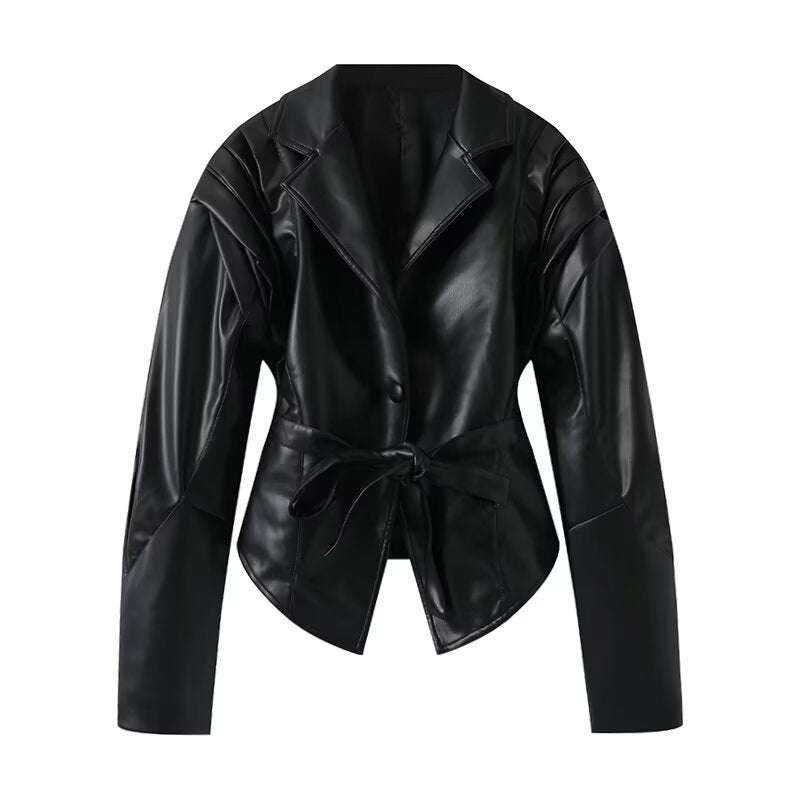 Ladies elegant faux leather jacket with innovative belt Lune London