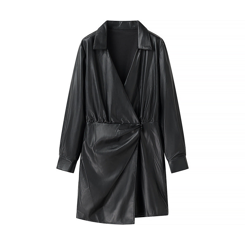 Ladies' wrap mid coat made of faux leather with knot detail and shirt collar Amarae