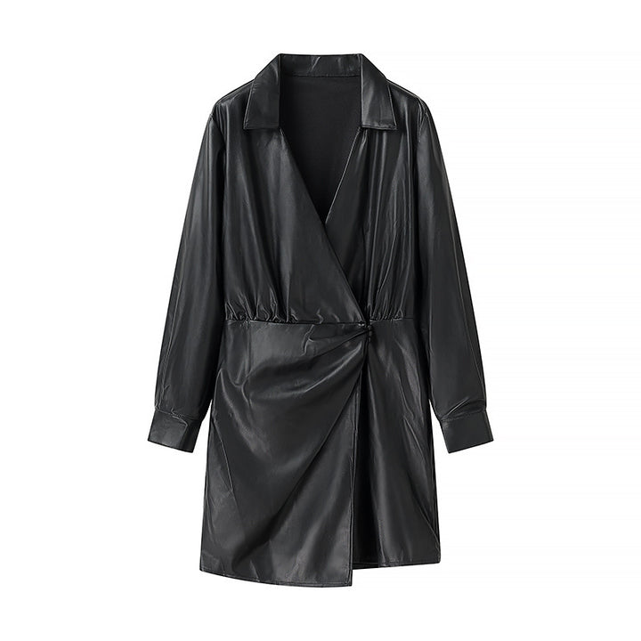Ladies' wrap mid coat made of faux leather with knot detail and shirt collar Amarae