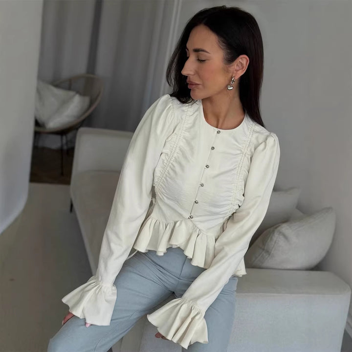 Women's Ruffled Fitted Blouse with Peplum & Puff Sleeves Amarae