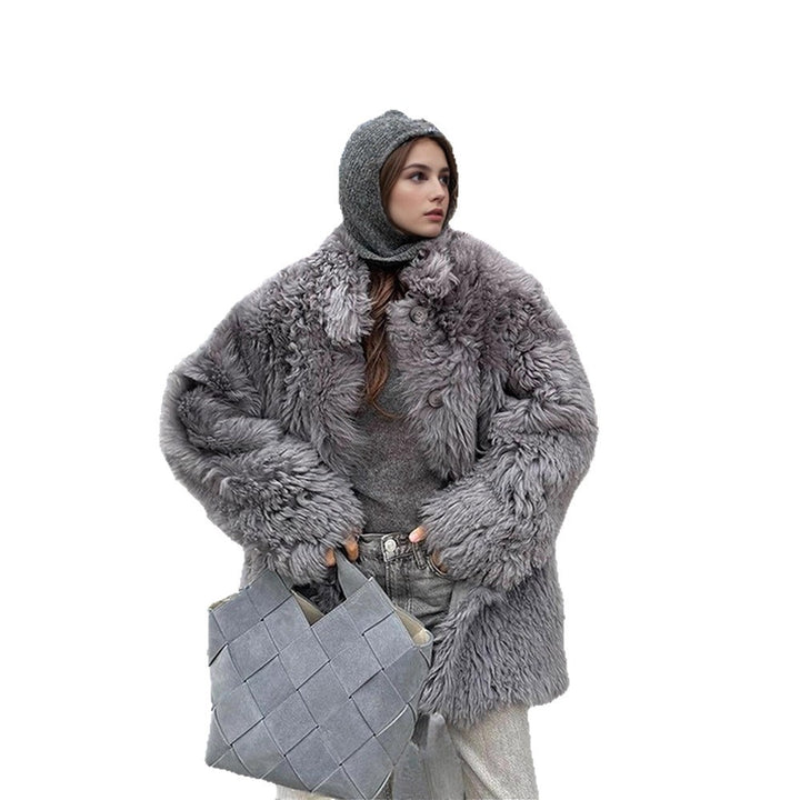 Women's Short Oversize Faux Fur Coat with Voluminous Curly Texture and Button Closure Amarae