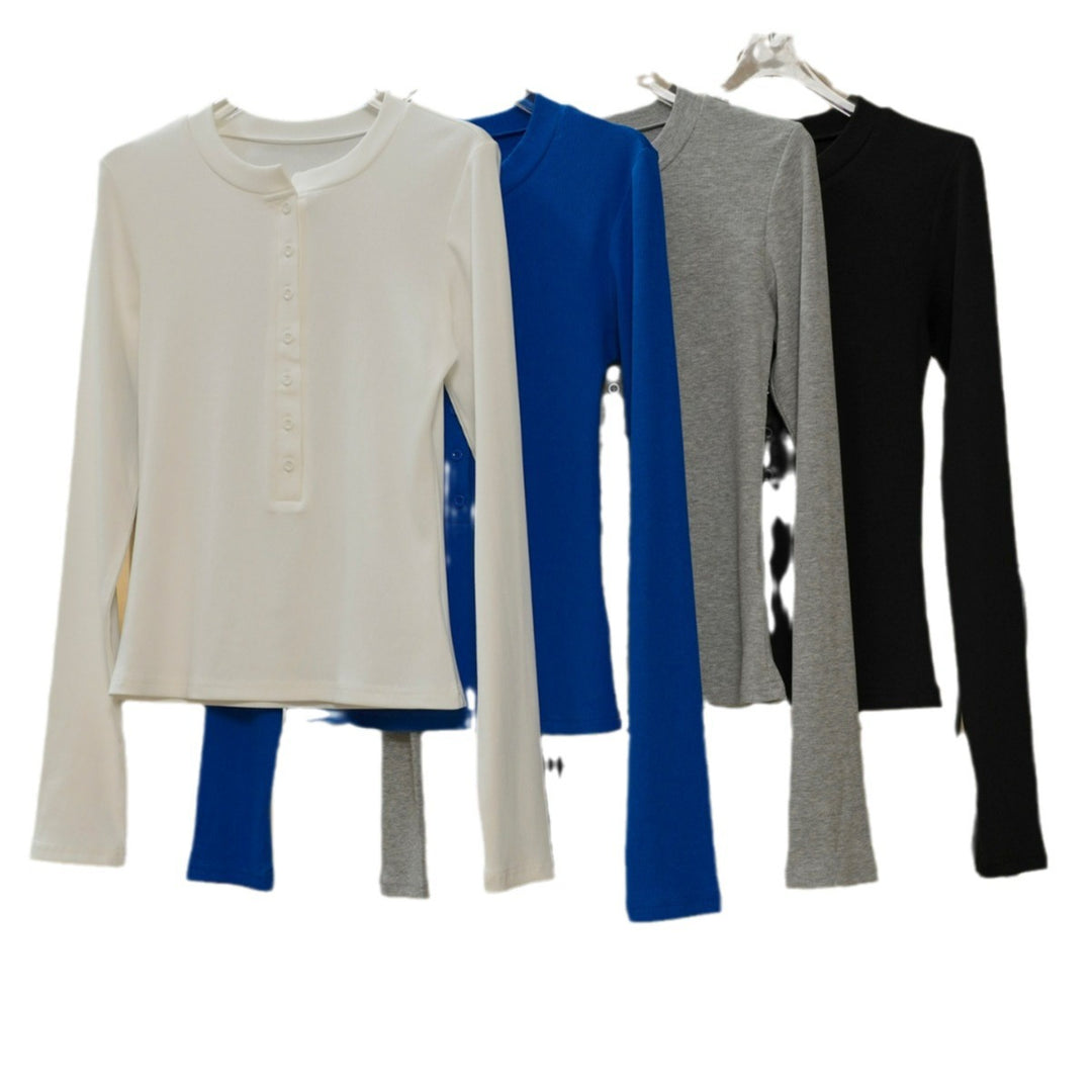 Women's Long Sleeve Henley Shirt with Button Placket and Slim Fit Amarae