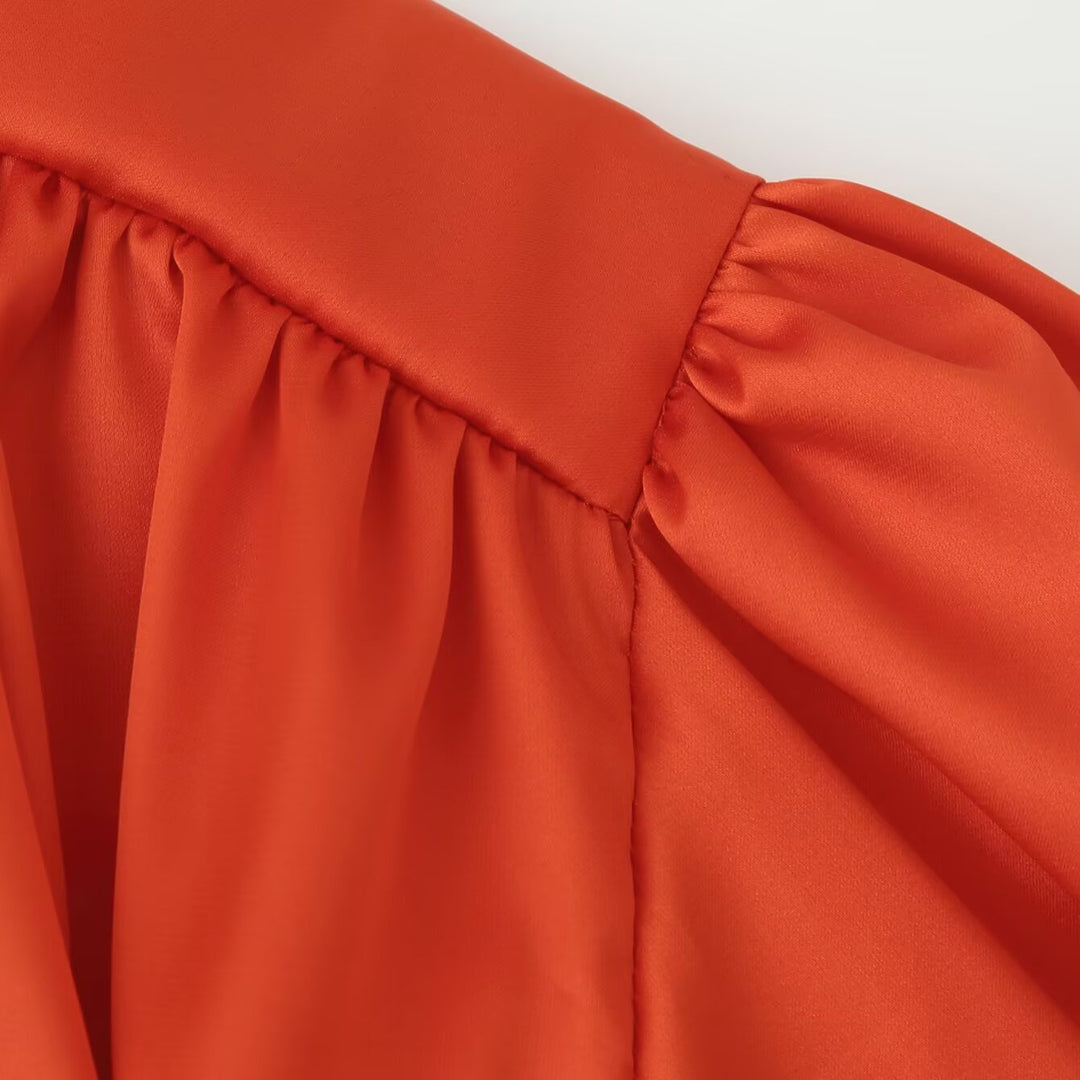 Women's Flowing Satin Blouse with Gathered Back and Balloon Sleeves Amarae
