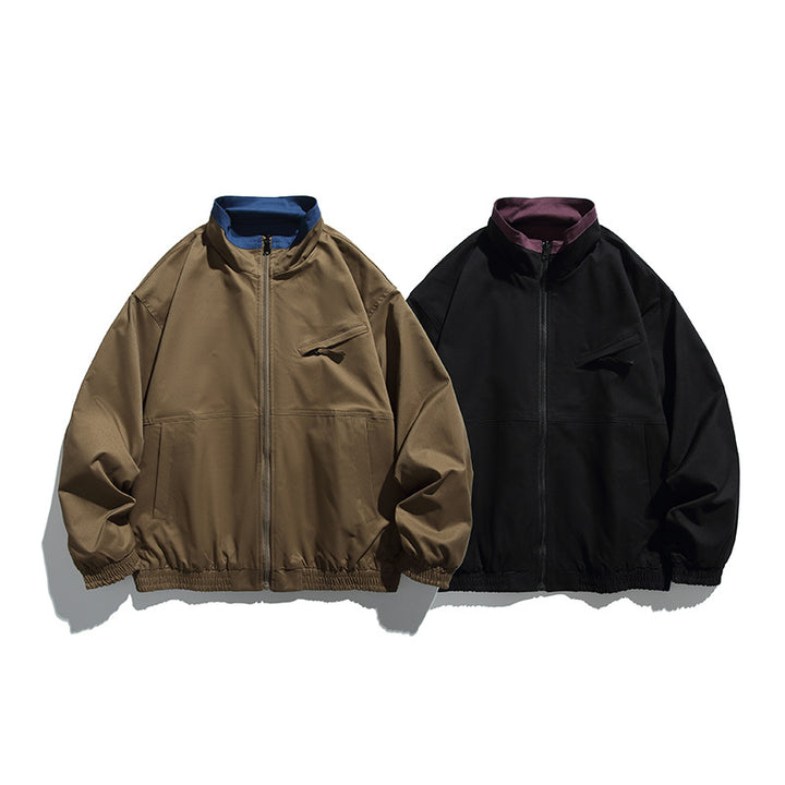 Unisex Boxy transitional jacket made of technical cotton blend with stand-up collar, front zipper, and concealed chest flap Amarae