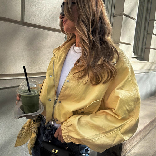 Women's Short Satin Look Bomber Jacket with Zipper, Snap Buttons & Elastic Cuffs Amarae