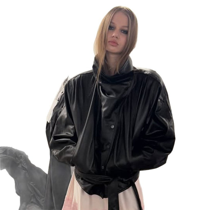 Ladies Oversize Faux Leather Bomber Jacket with High Standing Collar and Waist Belt Amarae