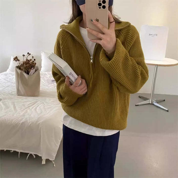 Knitted sweater for ladies with high collar and ribbed structure Lune London