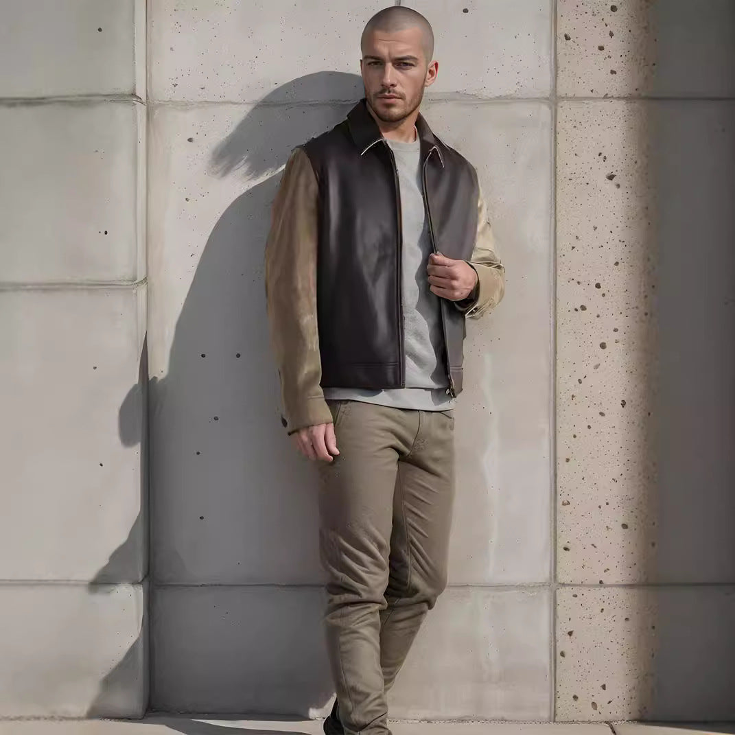 Trendy synthetic leather jacket for men with a modern design and textured sleeves Lune London