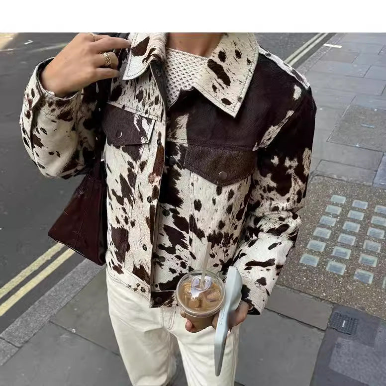 Ladies short trucker jacket in cowhide look with patch breast pockets and contrasting shoulder yoke Amarae