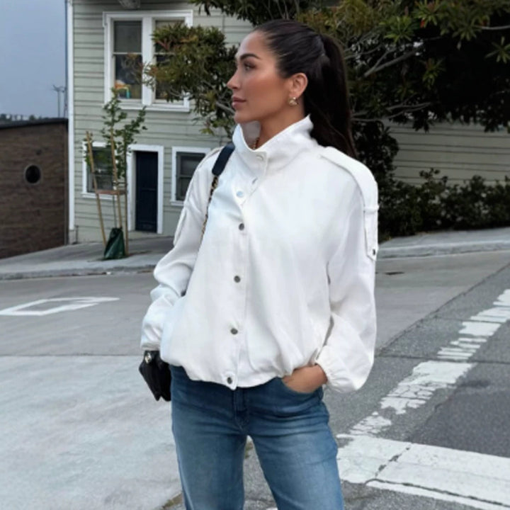 Women's Short Cape Jacket with Stand Collar, Epaulets, and Snap Button Closure Amarae