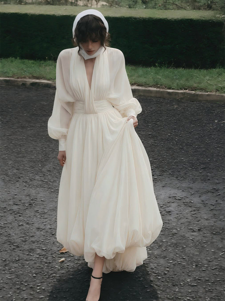 Women's Airy Pleated Maxi Dress with Balloon Hem, V-Neck and Shawl Collar Amarae