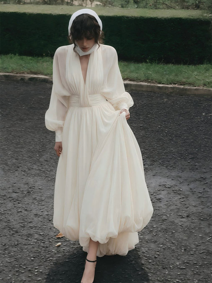 Women's Airy Pleated Maxi Dress with Balloon Hem, V-Neck and Shawl Collar Amarae
