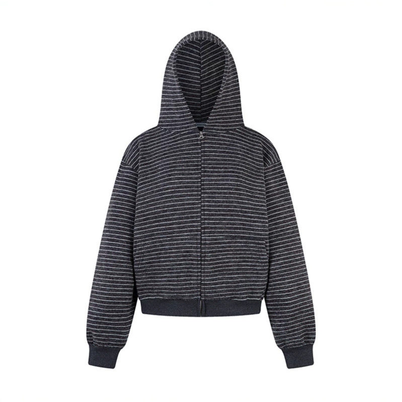 Women's short-cut hooded zip jacket with horizontal stripe relief and elastic waistband Amarae