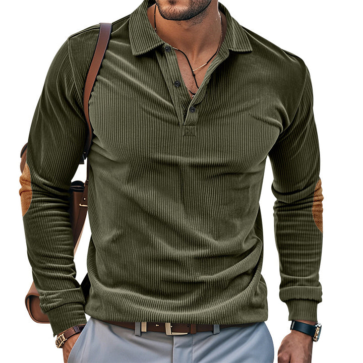 Casual long sleeve Henley T-shirt for men in textured ribbed fabric with contrasting elbow patches Lune London