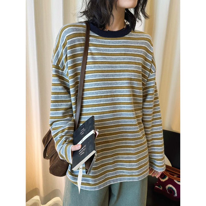 Women Striped Oversize Fine Knit Long Sleeve with Contrasting Round Neckline Amarae