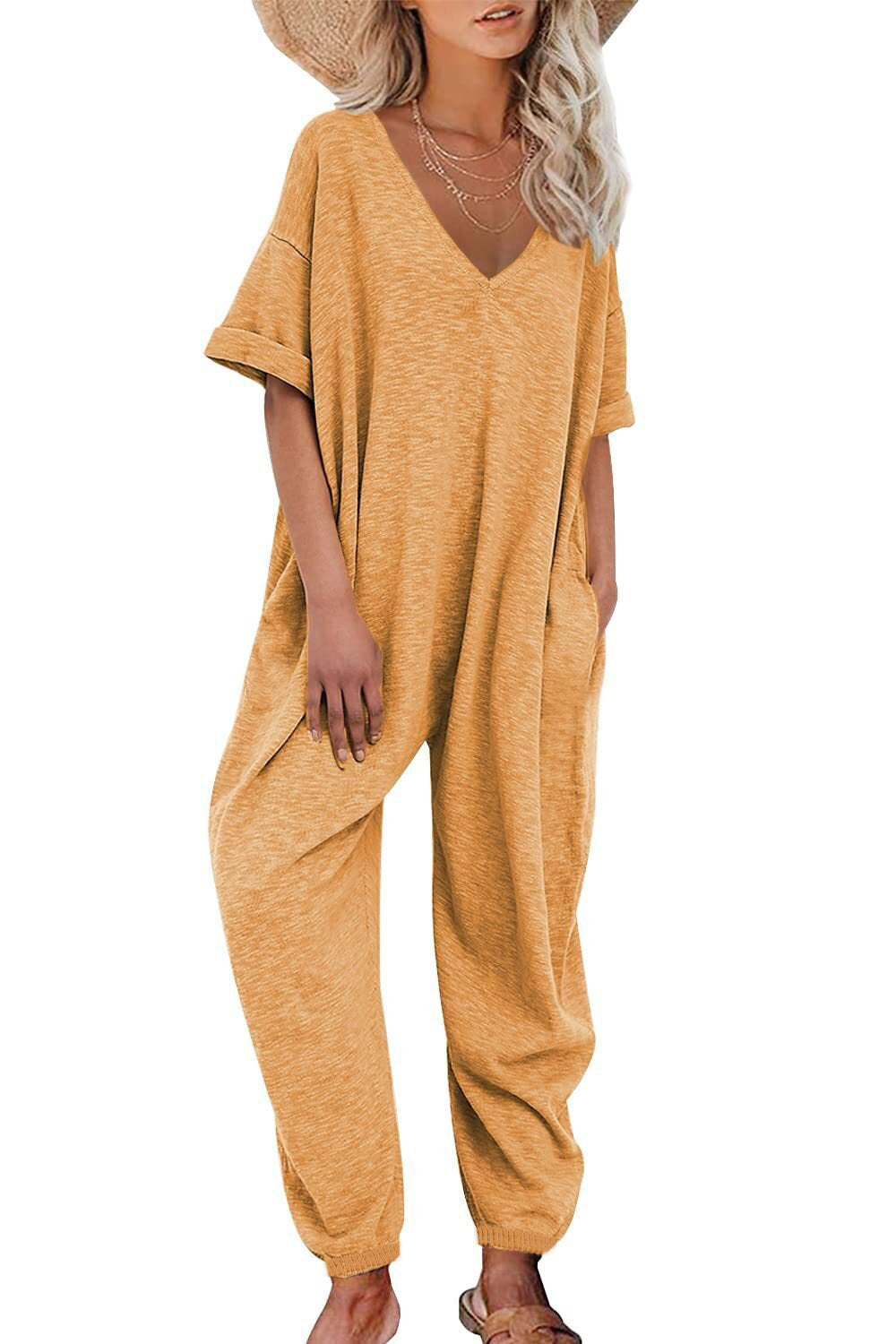 Oversized jumpsuit for women with deep V-neckline and casual pockets Lune London