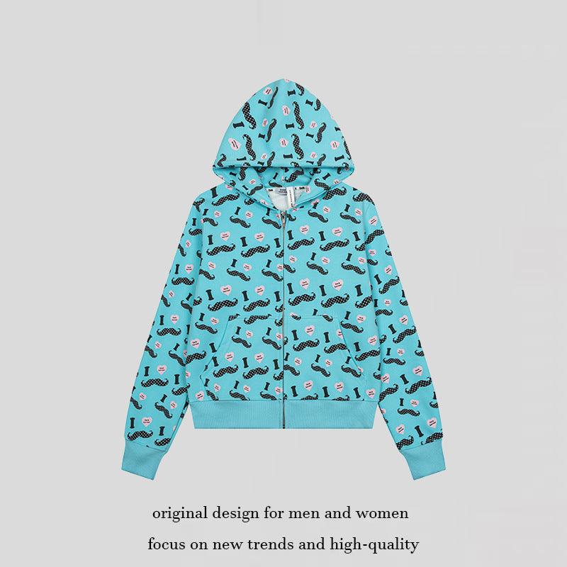Women's Short Hooded Sweat Jacket with Graphic Print, Ribbed Cuffs, and Kangaroo Pockets Amarae