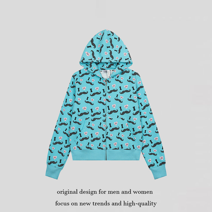 Women's Short Hooded Sweat Jacket with Graphic Print, Ribbed Cuffs, and Kangaroo Pockets Amarae