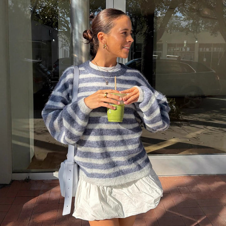 Women Striped Mohair-Mix Oversized Sweater with Balloon Sleeves Amarae