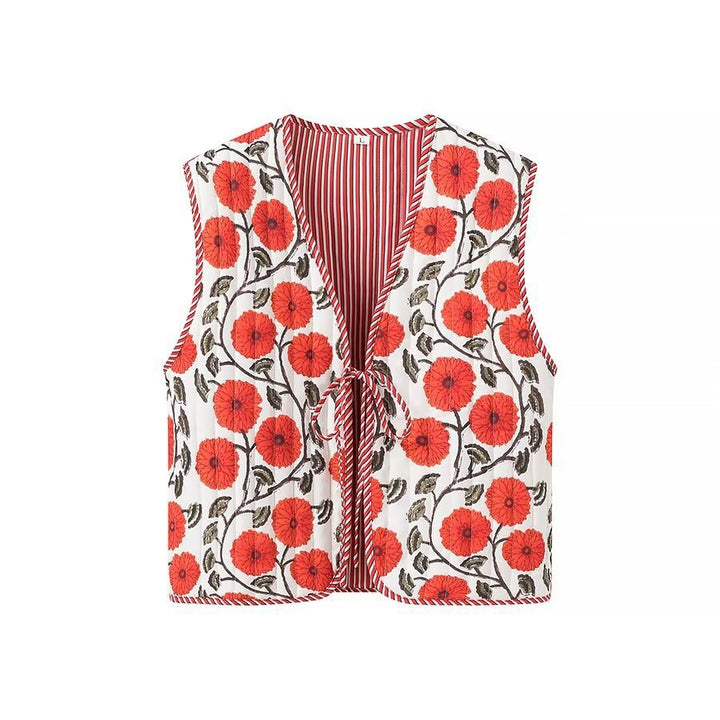 Women Patchwork Vest with V-Neck, Tie Band and Striped Lining Amarae
