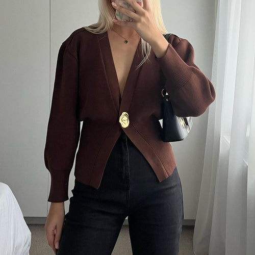 Women's fashion knitted cardigan with deep V-neck and decorative button Amarae