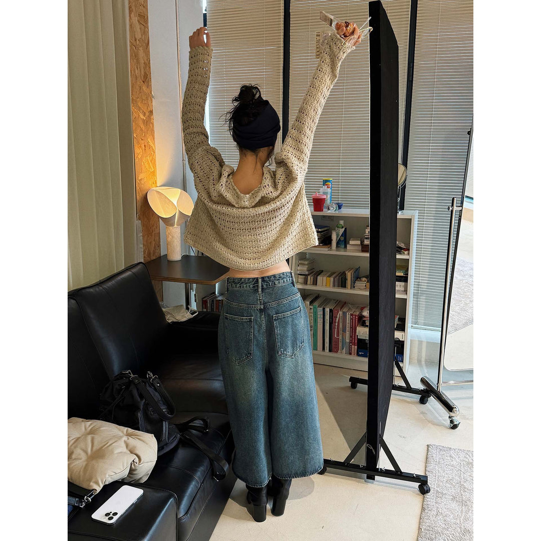 Women's Crocheted Oversized Openwork Sweater with Boat Neck Amarae