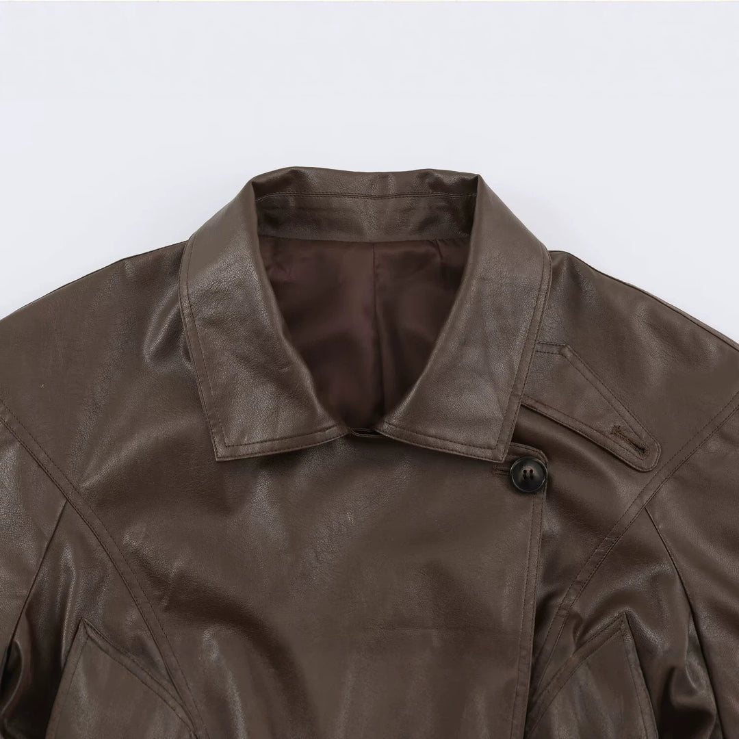Women Tailored Leather Look Jacket with Asymmetrical Button Placket and Ties Belt Amarae