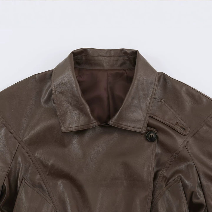 Women Tailored Leather Look Jacket with Asymmetrical Button Placket and Ties Belt Amarae
