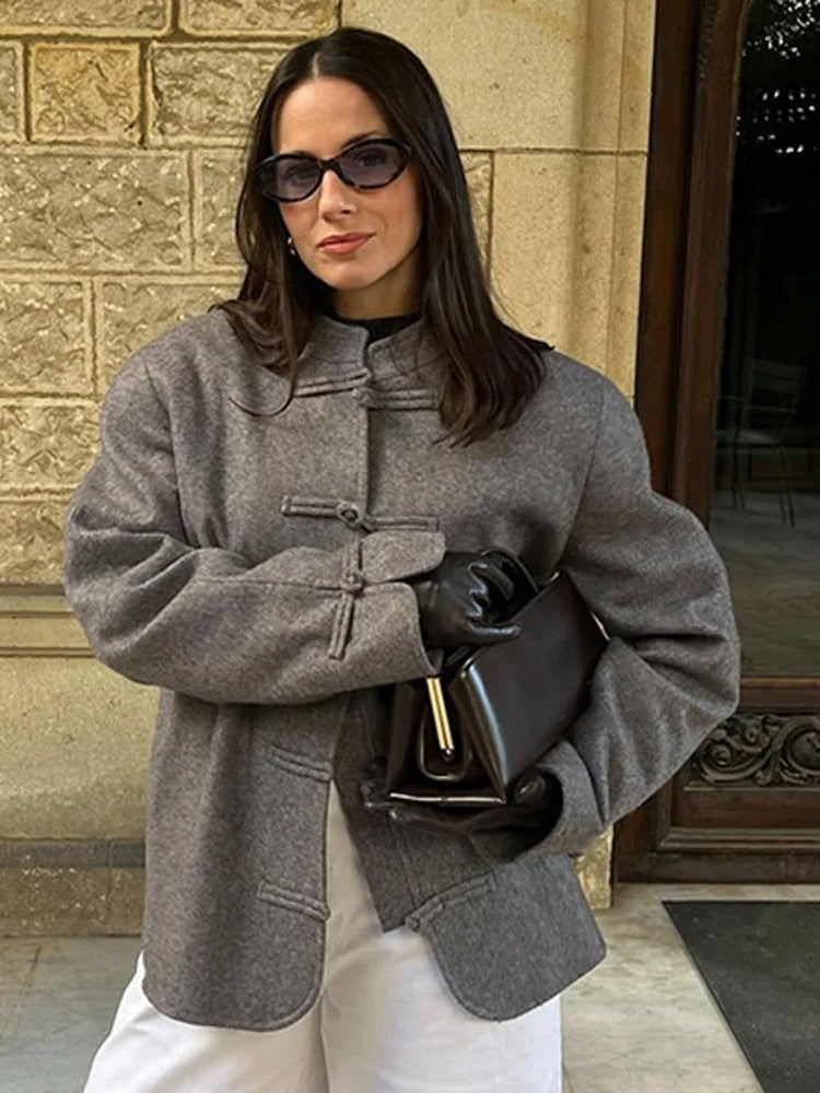 Women's Oversize Wool Blend Jacket with Mandarin Collar and Toggle Closures Amarae