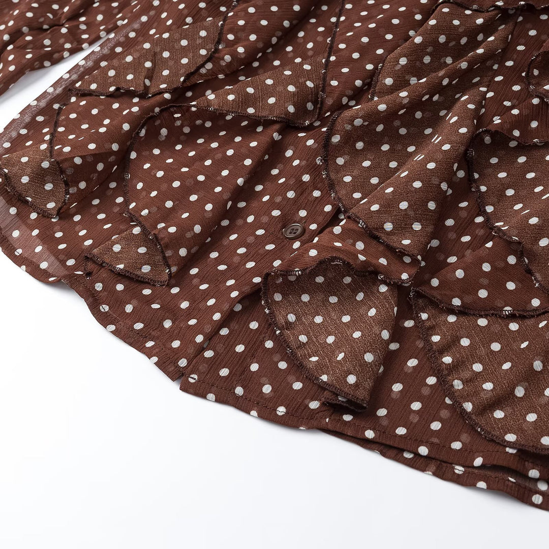 Women's semi-transparent chiffon blouse with dots, ruffle details and bow collar Amarae