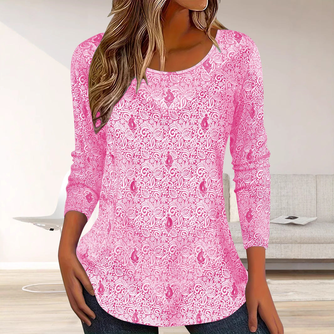 Simple long sleeve women's blouse with floral design and round neckline Lune London