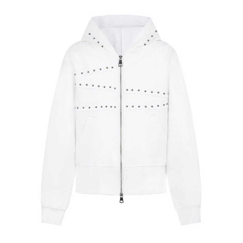 Women's hooded sweat jacket with studded accents, full-length zipper, and kangaroo pockets Amarae
